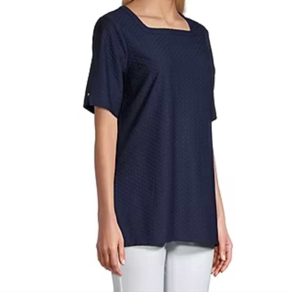 Liz Claiborne square neck,  tunic top Navy Top size L